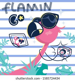 Pink flamingo wearing sunglasses with camera on neck on striped background illustration vector.