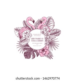 Pink flamingo wedding invitation. Round design template. Vector illustration