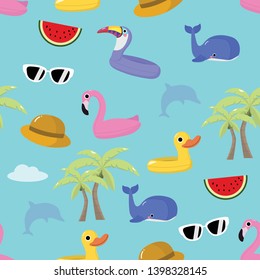 Pink flamingo, yellow duck, violet toucan and blue whale rubber swim ring seamless pattern. Coconut trees, sun glasses, watermelon and hat vector.