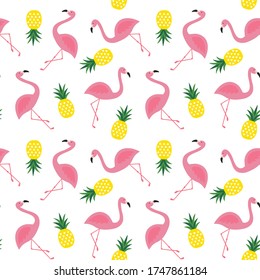 pink flamingo and yellow pineapple summer tropical seamless pattern on white background vector
