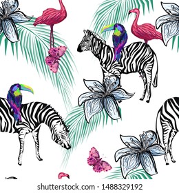 pink flamingo, zebra, toucans, butterflies and lily flowers on white background, seamless pattern