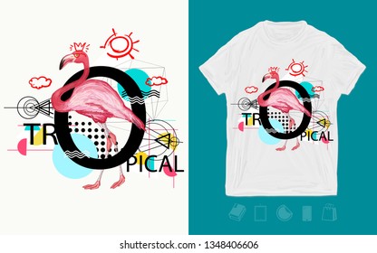 Pink flamingo. Zine culture style. Print for t-shirts and another, trendy apparel design 