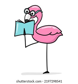 Pink flamingo, zoo character wearing glasses and reading a book. Cartoon vector illustration on white