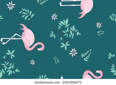 Pink Flamingoes and Tropical Plants Seamless Pattern