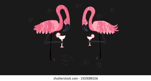 Pink flamingo.Flamingo with cocktail hand drawn illustration vector .