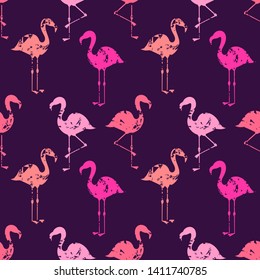 Pink flamingos birds seamess pattern. Vector illustration.