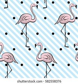 Pink flamingos. Blue stripes background. Black polka dots. Pop art style. Tropical vector print. Seamless pattern.