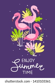 Pink flamingos with color tropical leaves - summer greeting card