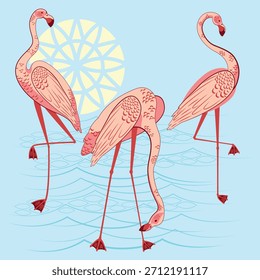 Ilustración vectorial de composición de flamencos rosados