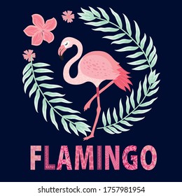 pink flamingos in different poses. background with exotic birds, tropical plants, flowers and leaves. lettering