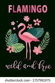 pink flamingos in different poses. background with exotic birds, tropical plants, flowers and leaves. lettering