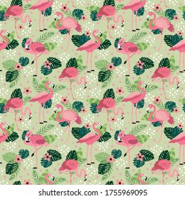 pink flamingos in different poses. seamless pattern. vector image. for printing on fabrics, paper cups, wrapping paper, phone cases. background with exotic birds, tropical plants, flowers and leaves