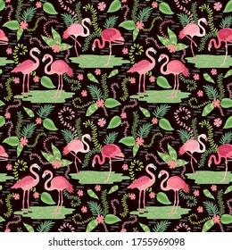 pink flamingos in different poses. seamless pattern. vector image. for printing on fabrics, paper cups, wrapping paper, phone cases. background with exotic birds, tropical plants, flowers and leaves