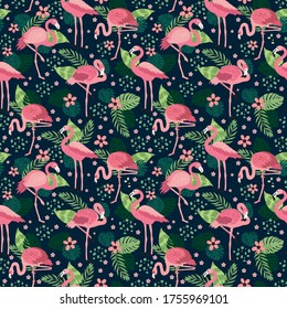 pink flamingos in different poses. seamless pattern. vector image. for printing on fabrics, paper cups, wrapping paper, phone cases. background with exotic birds, tropical plants, flowers and leaves