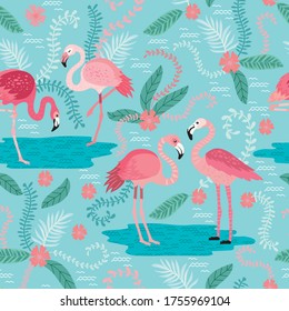 pink flamingos in different poses. seamless pattern. vector image. for printing on fabrics, paper cups, wrapping paper, phone cases. background with exotic birds, tropical plants, flowers and leaves