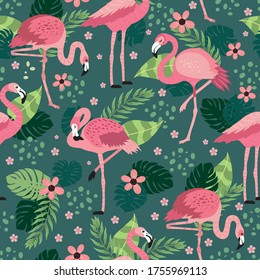 pink flamingos in different poses. seamless pattern. vector image. for printing on fabrics, paper cups, wrapping paper, phone cases. background with exotic birds, tropical plants, flowers and leaves