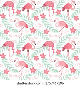 pink flamingos in different poses. seamless pattern. vector image. for printing on fabrics, paper cups, wrapping paper, phone cases. background with exotic birds, tropical plants, flowers and leaves