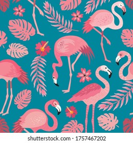 pink flamingos in different poses. seamless pattern. vector image. for printing on fabrics, paper cups, wrapping paper, phone cases. background with exotic birds, tropical plants, flowers and leaves