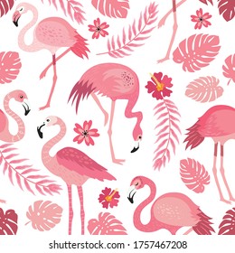 pink flamingos in different poses. seamless pattern. vector image. for printing on fabrics, paper cups, wrapping paper, phone cases. background with exotic birds, tropical plants, flowers and leaves