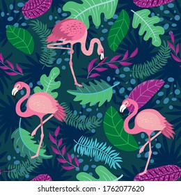 pink flamingos in different poses. seamless pattern. vector image. for printing on fabrics, paper cups, wrapping paper, phone cases. background with exotic birds, tropical plants, flowers and leaves