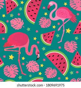 pink flamingos in different poses and watermelon. seamless pattern. vector image. for printing on fabrics, paper cups, wrapping paper, phone cases. for party