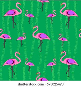 Pink flamingos of different sizes on a green background with lines, dashes stylized as grass, exotic tropical birds seamless pattern, hawaiian bird style. Freehand drawing vector design.
