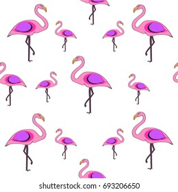 Pink flamingos of different sizes on a white background, exotic tropical birds seamless pattern, hawaiian bird style. Freehand drawing vector design.
