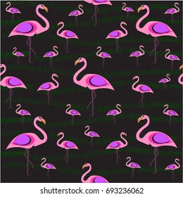 Pink flamingos of different sizes on a dark background, exotic tropical birds seamless pattern, hawaiian bird style. Freehand drawing vector design.
