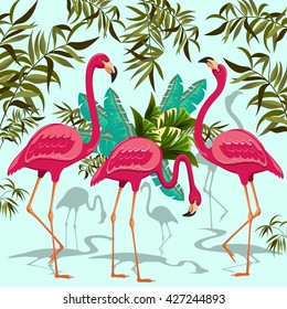 Pink Flamingos Exotic Birds. Decorative Group of Three Flamingos and Exotic Plants