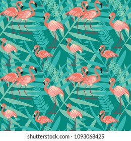 Pink flamingos, exotic birds, tropical palm leaves, trees, jungle leaves seamless vector floral pattern background.