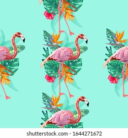 Pink flamingos, exotic birds, tropical palm leaves, trees, jungle leaves seamless floral pattern background.