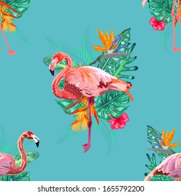 Pink flamingos, exotic birds, tropical palm leaves, trees, jungle leaves seamless floral pattern background.