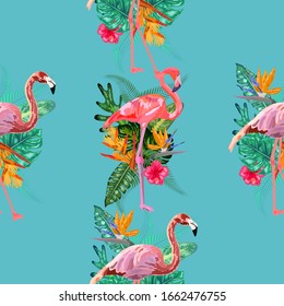 Pink flamingos, exotic birds, tropical palm leaves, trees, jungle leaves seamless floral pattern background.