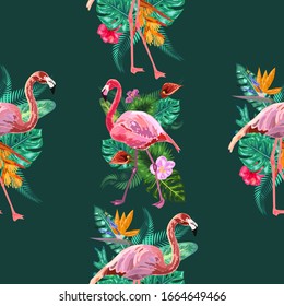 Pink flamingos, exotic birds, tropical palm leaves, trees, jungle leaves seamless floral pattern background.