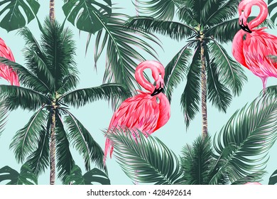 Pink flamingos, exotic birds, tropical palm leaves, trees, jungle leaves seamless vector floral pattern background
