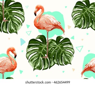 Pink flamingos, exotic birds, tropical palm leaves, jungle leaves seamless vector floral pattern background