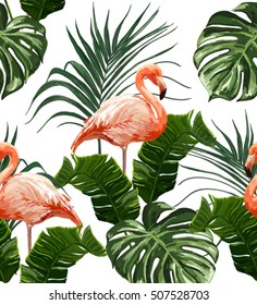 Pink flamingos, exotic birds, tropical palm leaves, jungle leaves seamless vector floral pattern background