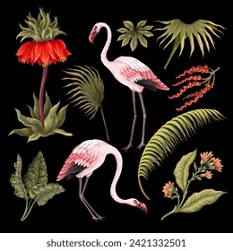 Pink flamingos and exotic flowers flowers. Vector