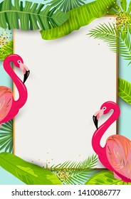 Pink flamingos and exotic palm leaves. Tropical party vector illustration. Place for your text. Seasonal template for vacation, poster, banner, flyer, invitation, pool party. Vector illustration.