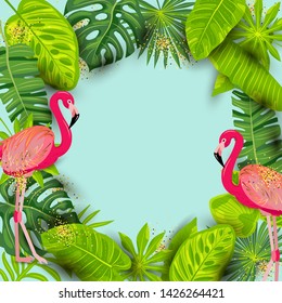 Pink flamingos and exotic palm leaves. Summer background vector illustration. Place for your text. Seasonal template for vacation, poster, banner, flyer, invitation, pool party. Vector illustration.