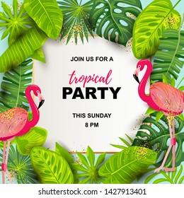 Pink flamingos and exotic palm leaves. Tropical party vector illustration. Place for your text. Seasonal template for vacation, poster, banner, flyer, invitation, pool party.