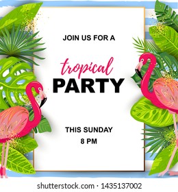 Pink flamingos and exotic palm leaves. Tropical party vector illustration. Place for your text. Seasonal template for vacation, poster, banner, flyer, invitation, pool party.
