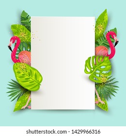 Pink flamingos, exotic tropical leaves and paper sheet vector illustration. Place for your text. Seasonal template for vacation, poster, banner, flyer, invitation, pool party, sale, announcement.