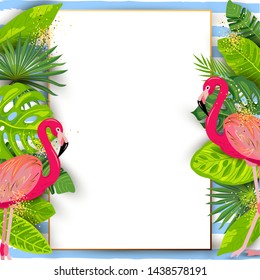 Pink flamingos, exotic tropical leaves and paper sheet, vector illustration. Place for your text. Seasonal template for vacation, poster, banner, flyer, invitation, pool party, sale, announcement.