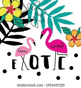 Pink flamingos with flowers and palm leaf vector illustration. Flamingos with exotic plants.