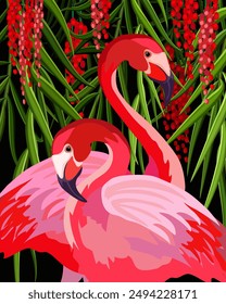 Pink flamingos in flowers.Color vector illustration with flamingo among flowers and leaves on a black background.