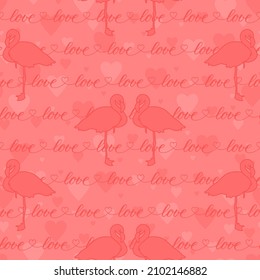 pink flamingos. heart shapes. word love. valentine repetitive background. seamless pattern. fabric swatch. wrapping paper. continuous print. love concept. romantic design template. vector illustration