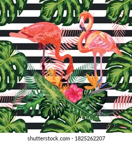 pink flamingos hibiscus, monstera, banana leaf Tropic summer seamless pattern. black white striped background. Hand drawn exotic wallpaper.