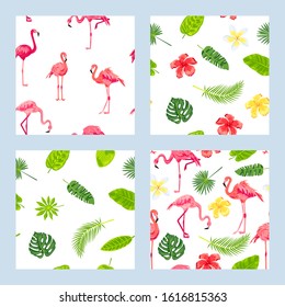 Pink flamingos, jungle leaves and tropical flowers seamless patterns set. Vector illustration.