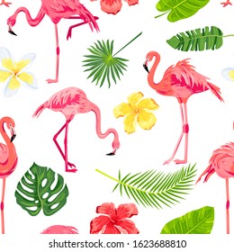 Pink flamingos, jungle leaves and tropical flowers seamless pattern. Vector illustration.